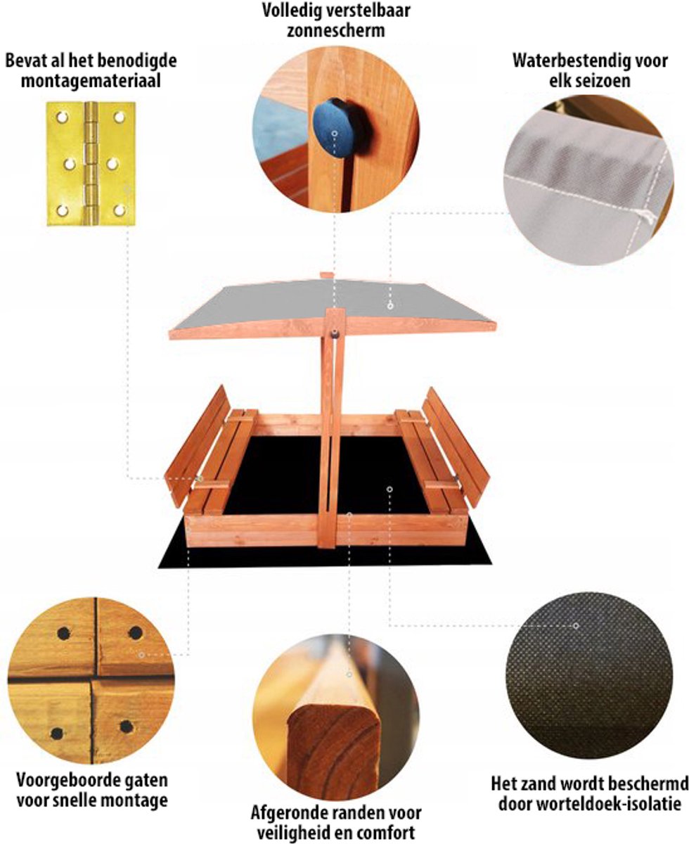 Afsluitbare XL Zandbak met Dak 140x140 cm – Gecertificeerd & Geïmpregneerd Hout | Incl. AFDEKZEIL, GRONDDOEK & Montagevideo | Voor 2-3 Kinderen | Grijs — afbeelding 11