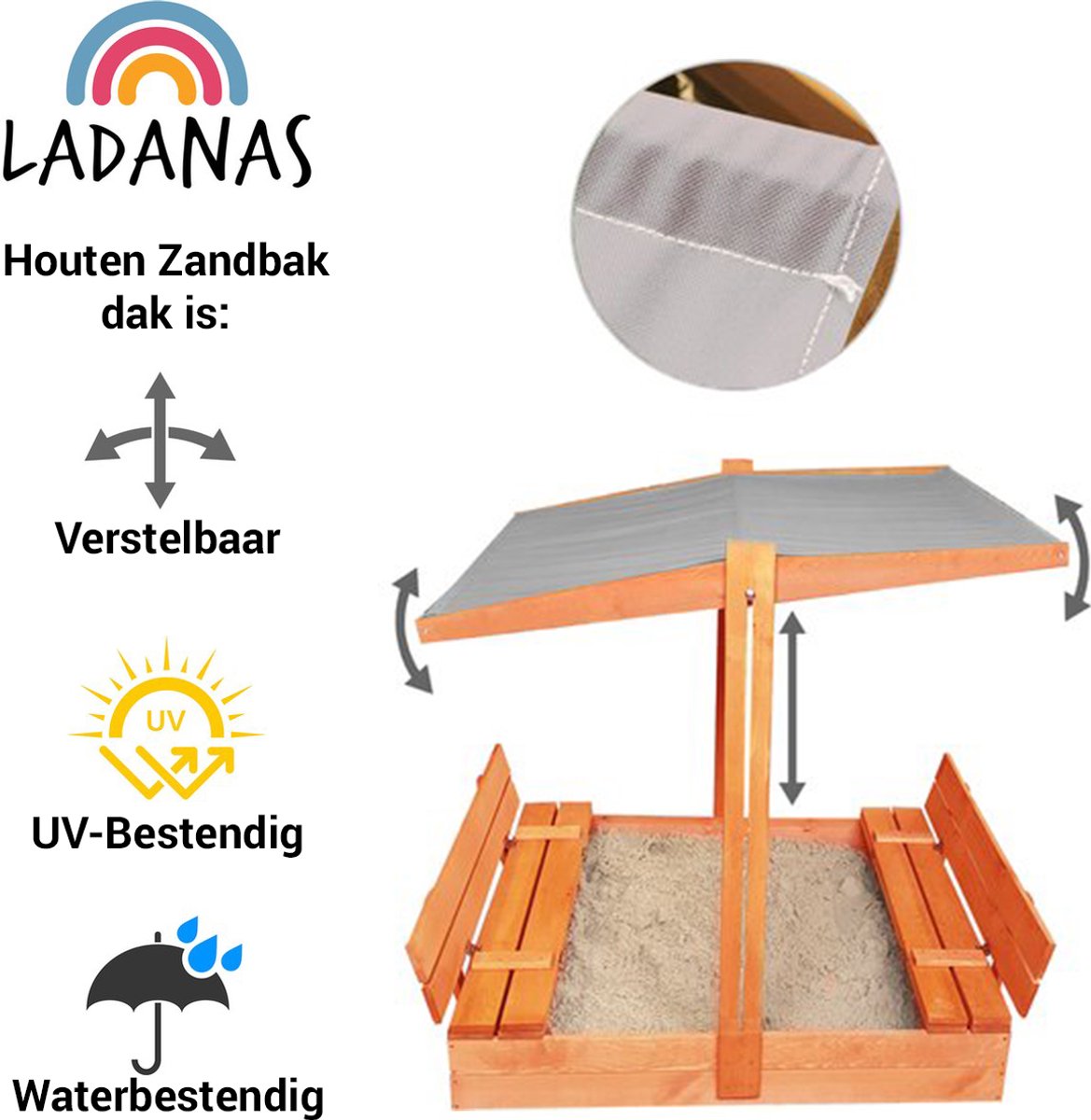 Afsluitbare XL Zandbak met Dak 140x140 cm – Gecertificeerd & Geïmpregneerd Hout | Incl. AFDEKZEIL, GRONDDOEK & Montagevideo | Voor 2-3 Kinderen | Grijs — afbeelding 5