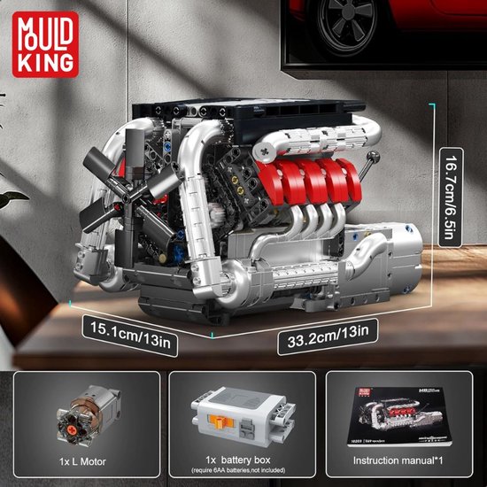 Gedetailleerde LEGO Technic V8 motor met afmetingen, motor, batterijdoos en instructieboekje.
