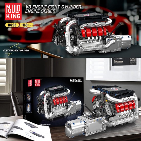 Collage van de Mould King V8 motor, de verpakking en een rode sportauto op een scherm.