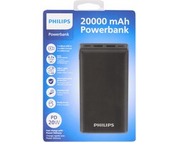 Philips Powerbank - 20000 mAh - 20 watt - 4 Poorten - Snellaadfunctie - Zwart
