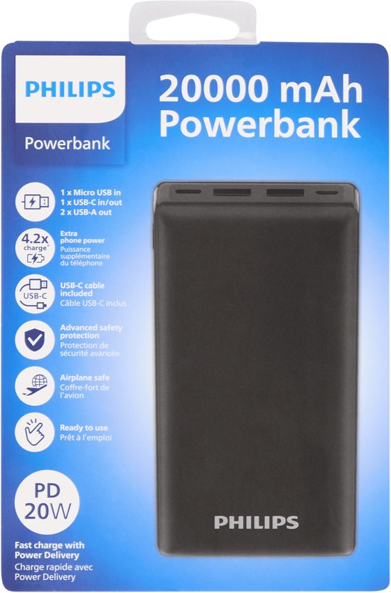 Philips Powerbank 20000 mAh 20W 4 Poorten Zwart - Philips - €25,95