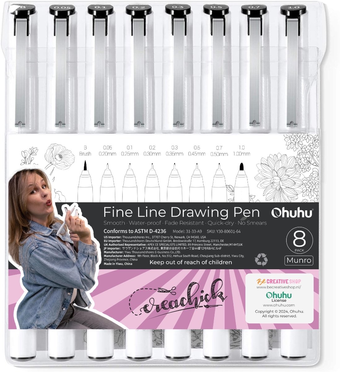 CreaChick X Ohuhu - Fineliner drawing pen - zwart - set van 8