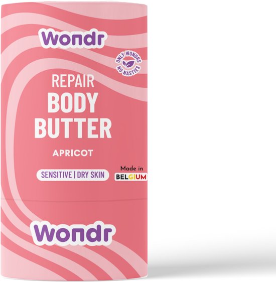 Bâton rose Wondr Repair Body Butter Abricot avec des vagues blanches.