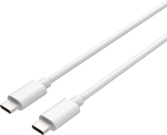 Twee witte USB-C naar USB-C kabels met connectors.