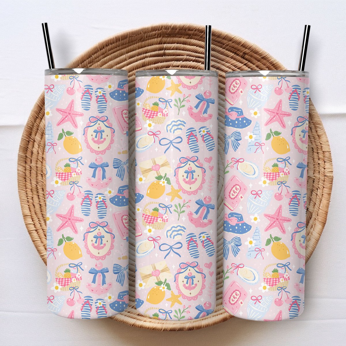 Creasowl® - Coastal Preppy - Roestvrijstalen Tumbler - Geïsoleerde beker - Koffiebeker - Drinkfles - Thermosbeker - 600ml - Warme en koude dranken - Anti lek dop - Ijzeren rietje - To go beker - Kinderen - Volwassenen