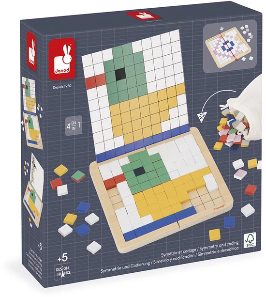 Janod mozaïekspel doos met spelbord, tegels en instructies. Afbeelding van een eend.