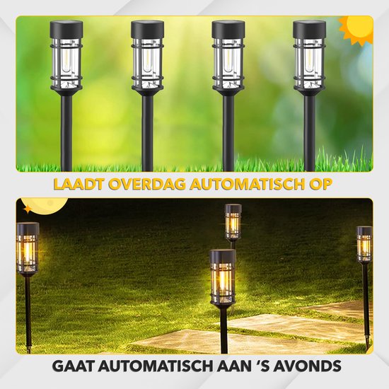 Vier zwarte solar tuinlampen op een groen gazon, met de zon. Twee lampen 's avonds, op een grasveld.