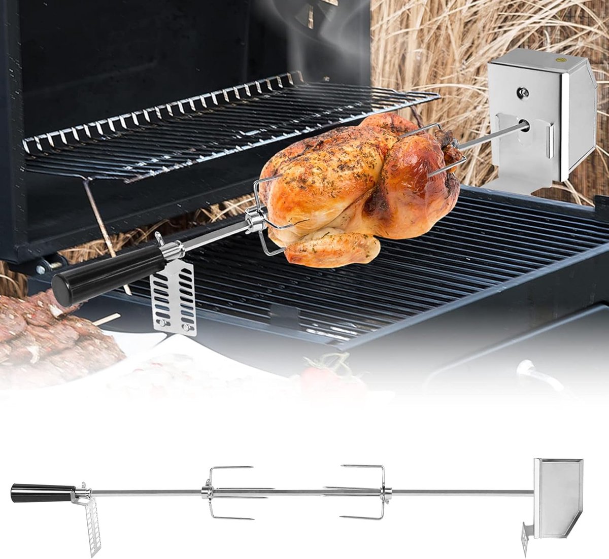 Aufun Grillspiesenset van roestvrij staal 107cm BBQ-vleesklem met motor inclusief 4 vleesnaalden, 220V - 240V, elektrische draaispit, draaispit