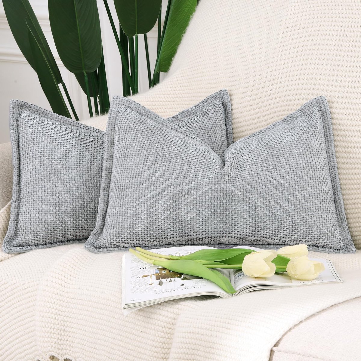 Unyqoos ® Set van 2 Luxe Chenille en Fluweel Decoratieve Kussenhoezen met Stijlvolle Rand voor Bank en Slaapkamer grijs