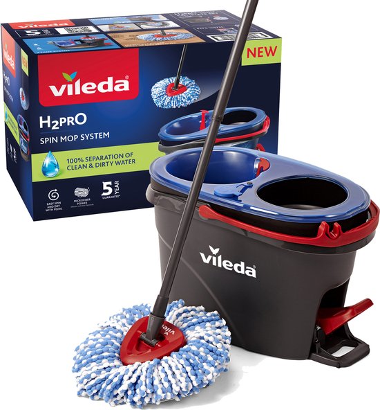 Système de serpillière rotative Vileda H2Pro, ensemble complet avec serpillière rotative et seau avec pédale, deux réservoirs d'eau séparés, eau propre à chaque chasse d'eau
