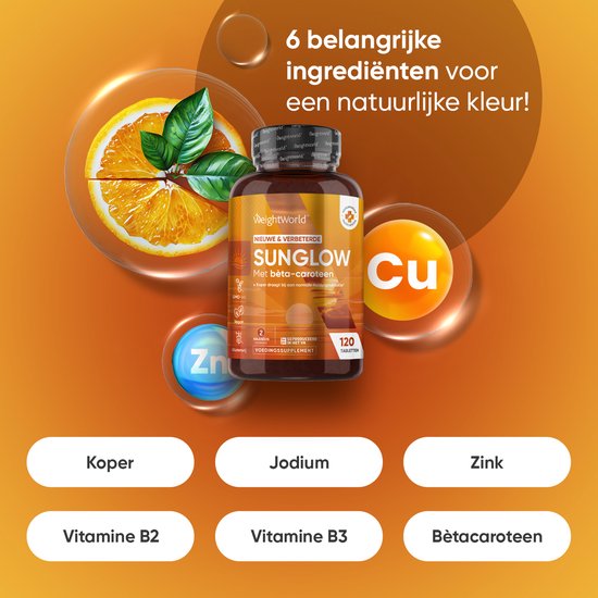 WeightWorld Sunglow Bruinings pillen - Natuurlijke bruiningsversneller - 120 vegan tabletten - Bevordert een normale pigmentatie van de huid