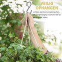 Hand houdt een zwarte S-haak vast die een plant in een pot ophangt. Tekst: VEILIG OPHANGEN.