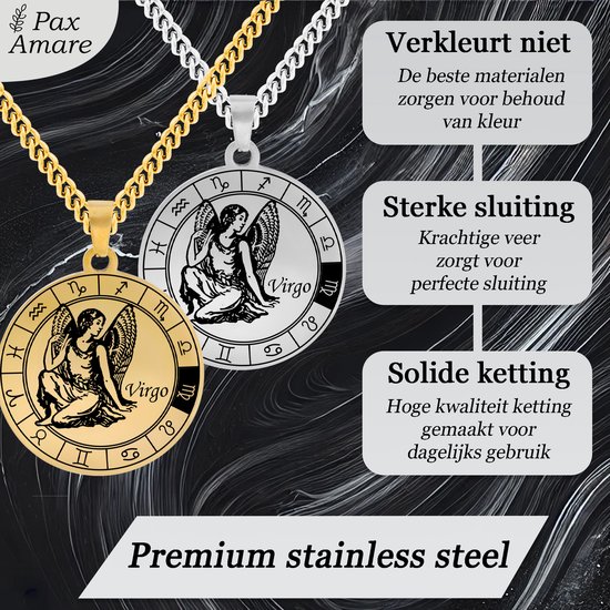 Twee zilverkleurige en goudkleurige kettingen met Maagd (Virgo) medaillons. Gemaakt van roestvrij staal.