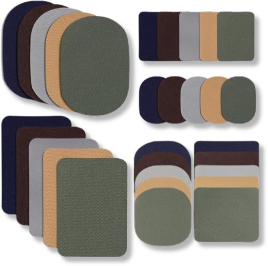 Lot de 30 patchs thermocollants en Tissus , kit de réparation de vêtements pour vestes, vêtements, 3 tailles, 5 couleurs (Café, Zwart, vert foncé, beige, Grijs), HOTFIX