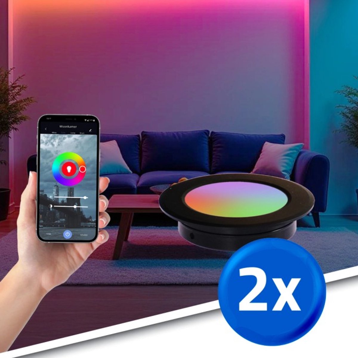 Inbouwspot Led RGBWW - Set van 2 - Zwart - Zeer dun design - Complete set inclusief adapter - Bediening via app