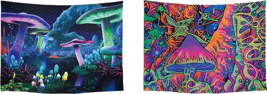 Ulticool - Tapisserie - Champignon Champignon Psychédélique Trippie Champignon Magique Cannabis Weed - Set de 2 Motifs - 73 cm x 95 cm - Tissu Tapisserie Peinture - Poster Art - Blauw Fluo Zwart