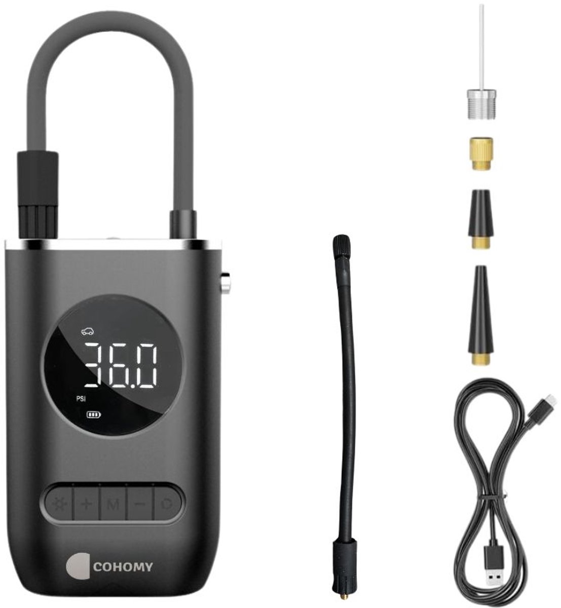 CoHomy - Elektrische Fietspomp - Bandenpomp Scooter Motor Auto - Draagbare luchtcompressor - Tot 10.8 bar - USB oplaadbaar