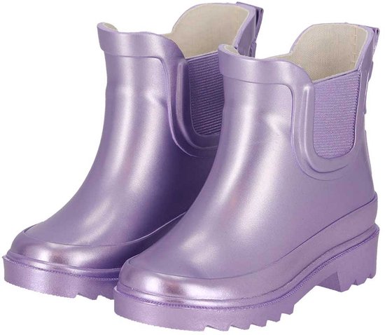 Paire de bottillons de pluie lilas clair style chelsea avec côtés élastiques et tirette arrière.