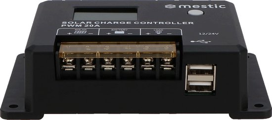 Zwarte Mestic zonne-laadregelaar met schroefklemmen genummerd 1-5, USB-poorten en LCD-scherm.
