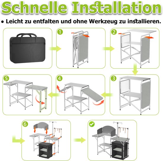 Opvouwbare campingkast, campingkeuken, campingkeukentafel, keukenkast met 3 werkbladen, lichtstandaard, afneembare voorruit en draagtas voor camping, strand, reizen van Merkloos — afbeelding 2