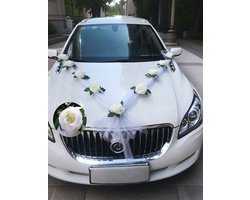 Bruiloft Autodecoratie Set – 9x Kunstrozen Wit – 2x Tule – 1x Zuignap – 10x Kabelbinders – Decoratie voor Trouwauto, Bruidsauto & Huwelijksfeest