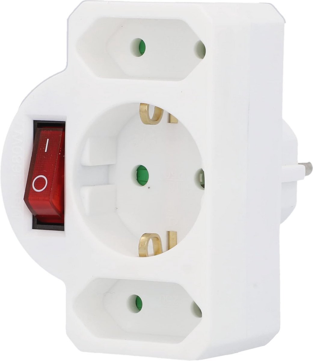 Tussenstekker met 1 x Schuko en 2 x Euro-stopcontacten, Verlichte Schakelaar, Wit