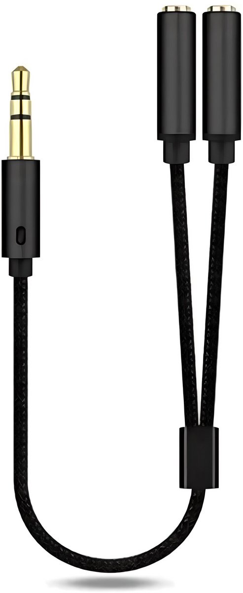 Nereb - 3,5 mm Audio Splitter Kabel – Aux naar 2x 3,5 mm Jack Female – Koptelefoon Splitter – Zwart Gevlochten – Geluidsverdeler voor Muziek, Oortjes, Headsets, Speakers – Geschikt voor Laptop, Smartphone & Tablet