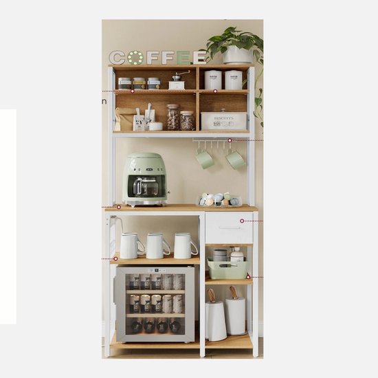 Armoire de cuisine Buylin - Armoire de cuisine sur pied - Organisateur d'armoires de cuisine - Armoire de rangement - Meuble d'angle café - Étagères réglables - Incl. Tiroir en Tissus - Wit/ Bois - 40x80x180,4 cm