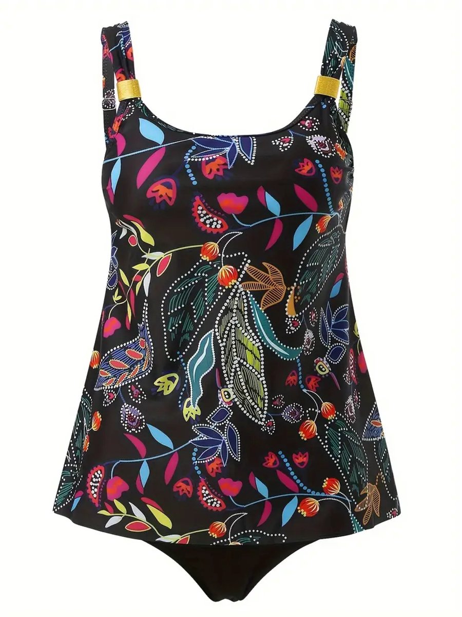 Tweedelige badpak met Metalen Gesp - Bedrukte Tankini met Bretels - Dames Badmode Badkleding Strandkleding Zwemkleding 825 - Zwart — afbeelding 2