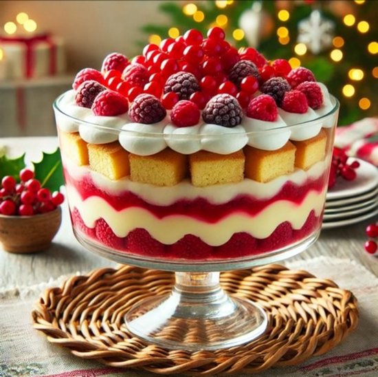 Kerst trifle met lagen cake, rode bessen, room en frambozen in een glazen schaal.