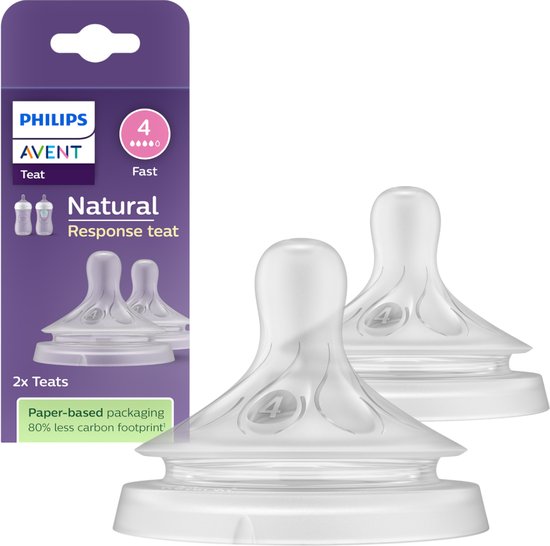 Twee Philips Avent Natural Response spenen met flow-indicatie 4 in papieren verpakking.