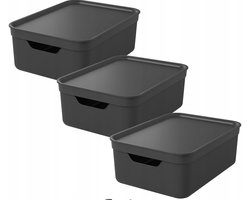 Rotho Jive opbergboxen set van 3 Opbergdozen 10 L met Deksel, Kunststof (PP Gerecycled), Zwart/Antraciet, 3 x 10 L, 36,5X26,5X13CM
