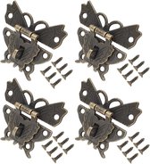 4 Stuks - vintage bronzen hasp-sloten - vlindervormige hasp - kleine grendels en schroeven - meubelbeslag - voor kisten, wijnkratten en sieradendoos