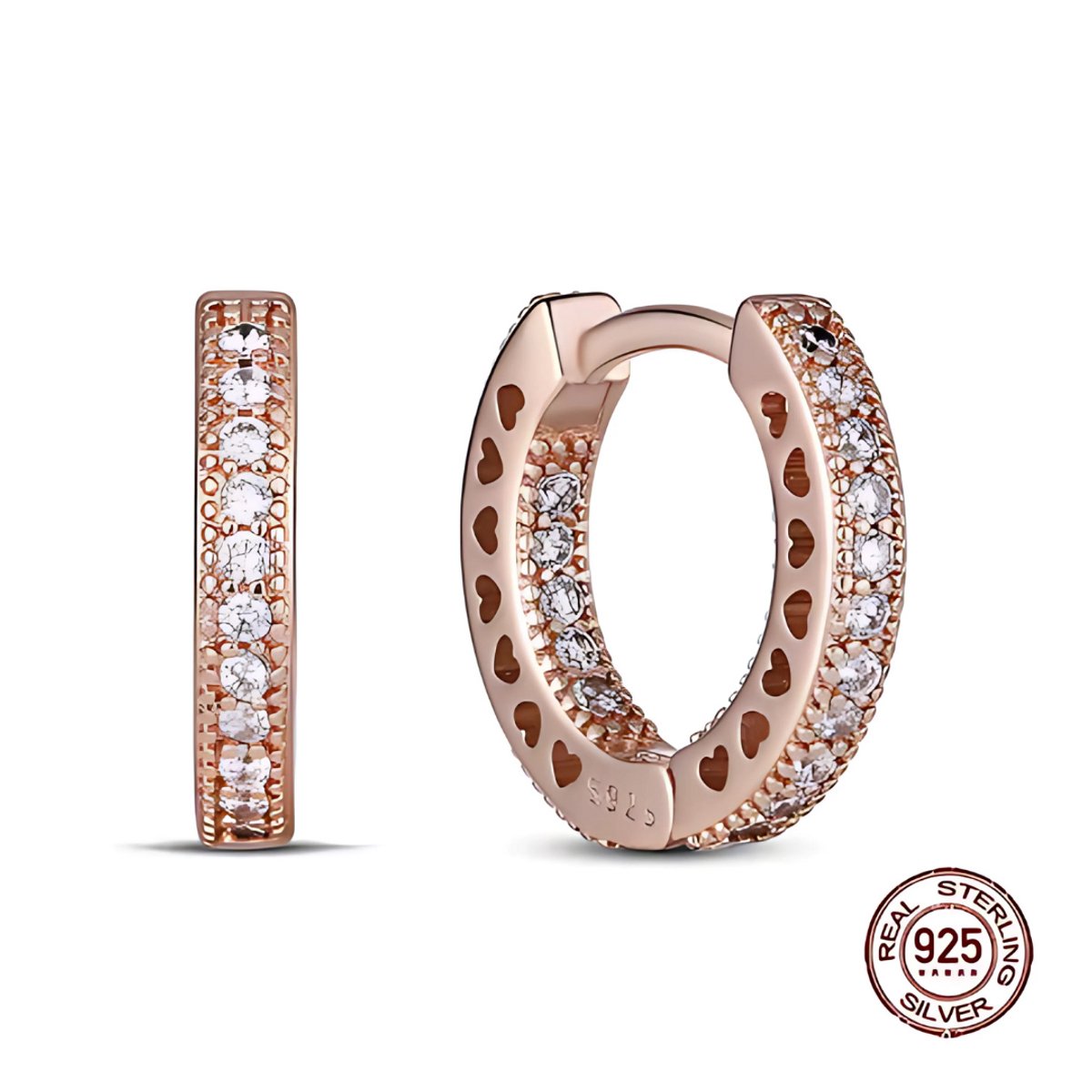 Oorbellen - 925 sterling zilver - rosé goudkleurig - oorring - zirkonia - hartvormige uitsnede zijkant