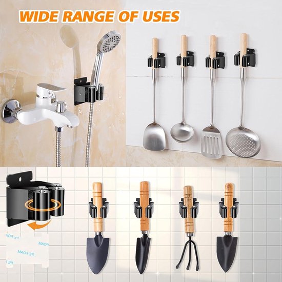 3-H Bezemhouder - Gereedschap houder - Bezem ophangsysteem Multi Wand Houder - Ophangsysteem tuingereedschap - Set Inclusief Bevestigingsmateriaal(zwart