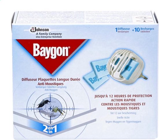 Baygon verdamper met 10 navullingen. Wit apparaat met blauwe navullingen, ter bestrijding van muggen.