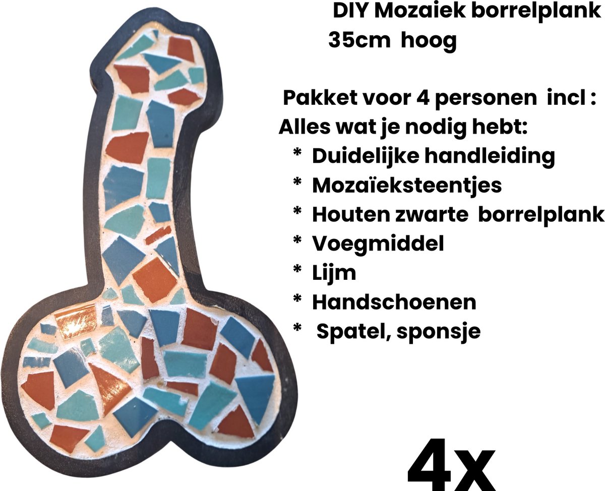 Diyworkshops thuis DIY Mozaïek Piemel borrelplank 4x 35 cm Creatieve Workshop 4 pers. Vrijgezellenfeesten & Vriendinnenuitjes Gouden Piemelborrelplank Maken – DIY Workshop – Hilarisch Uitje of Cadeau Thuisworkshop Mozaïek Borrelplank (Piemelvorm)