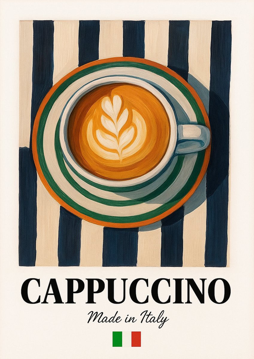 Cappuccino Poster Ingelijst A3 – Italiaanse Koffie Illustratie – Vintage Keukendecoratie – Made in Italy – Inclusief Zwarte Lijst