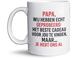 NietMokken.nl - Grappige Mok – Papa, we hebben het geprobeerd – Grappige Vaderdag mok – Leuk cadeau van kinderen – 325ml – Keramiek – Vaderdag cadeau - Aan beide zijden bedrukt - Vaderdag kado