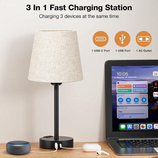 Suright Nachttischlampe Touch Dimmbar mit USB A C Ladeanschlüssen, Lampenschirm aus Leinenstoff, Holzsockel, Kleine Tischlampe für Schlafzimmer Wohnzimmer (LED-Birne Inklusive Suright Nachttischlampe Touch Dimmbar mit USB A C Ladeanschlüssen, Lampenschirm aus Leinenstoff, Holzsockel, Kleine Tischlampe für Schlafzimmer Wohnzimmer (LED-Birne Inklusive