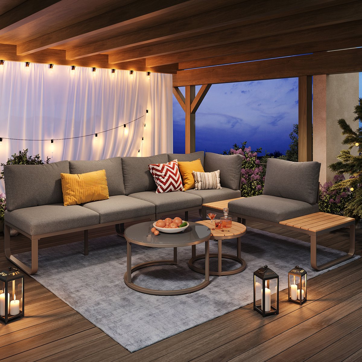 4-5 persoons Tuinset met verzinkt ijzeren frame, grijze kussens, 2 stapelbare salontafels, verstelbare poten