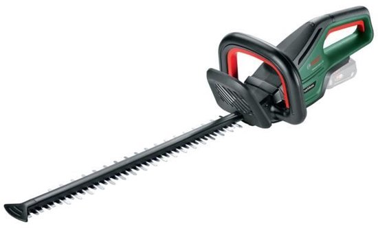 Bosch heggenschaar, groen en zwart met rode accenten, met lange zwarte messen.