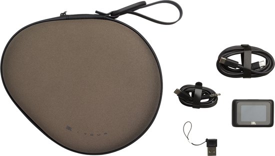 Bruine draagtas voor koptelefoon met bijbehorende kabels en een Smart Tx adapter.