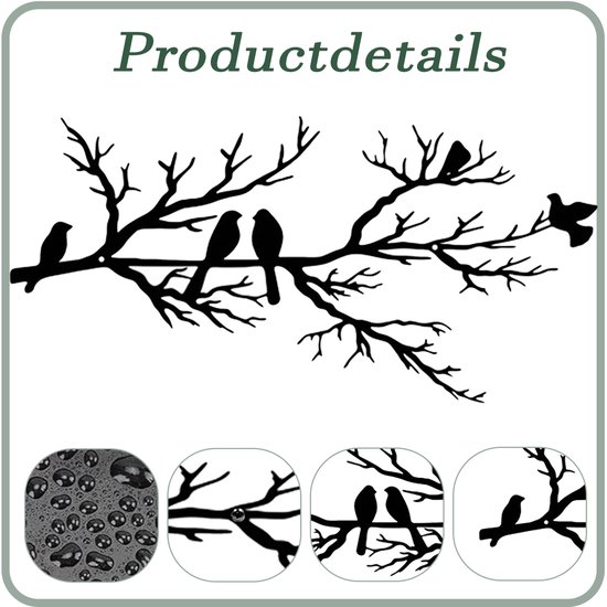 Décoration murale en métal oiseau - silhouette de branche d'arbre - à suspendre - pour balcon, jardin, salon - décoration - famille - noir - 43x18,6cm - 1 pièce
