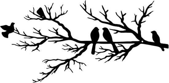Metalen wanddecoratie vogel - boomtak silhouet - hangend - voor balkon, tuin, woonkamer - decoratie - gezin - zwart - 43x18.6cm - 1 stuk