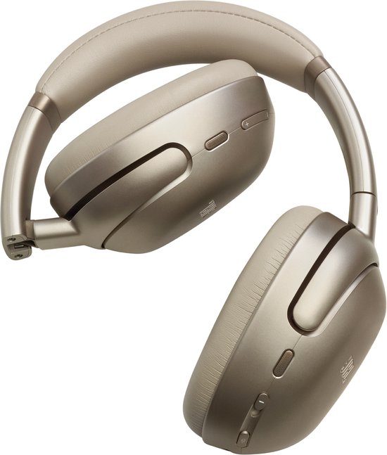 Gouden JBL over-ear koptelefoon, half ingeklapt, met zachte oorkussens en hoofdband.