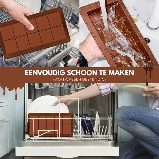 Bruine siliconen chocoladevorm wordt schoongemaakt in een vaatwasser. Met afbeeldingen van het schoonmaken.