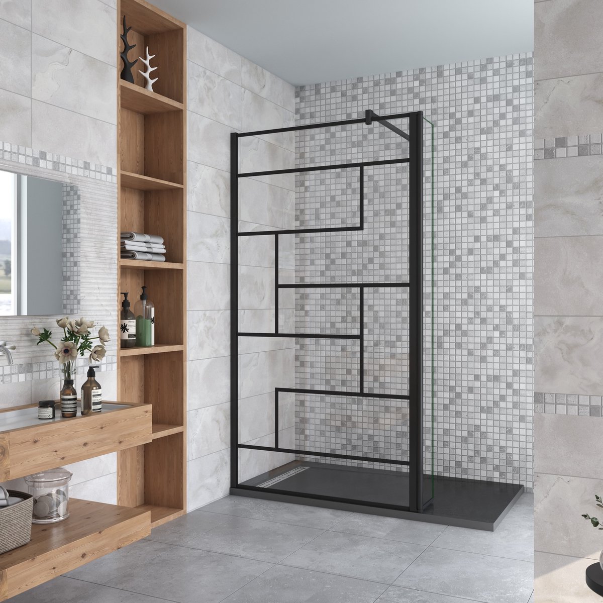 Douchewand-Inloopdouche 140x200cm draaibaar hoekprofiel 40x200cm 8mm NANO EasyClean onregelmatig zwart rooster gezeefdrukt gehard glas+90 cm Stabilisatiestang kan worden gesneden