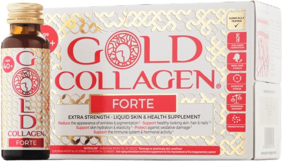 GOLD COLLAGEN® FORTE - 5000mg gehydrolyseerd marien collageen peptiden - Collageen supplement - Huid, haar en nagels, Hyaluronzuur - Vitamine C, B6, D, E - 10x50ml - 20 actieve ingrediënten